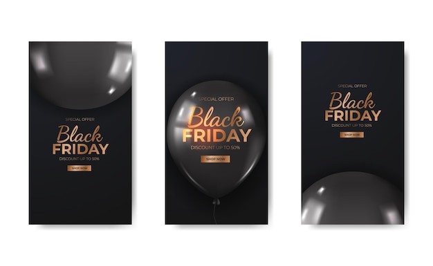 Vector grand opening social media stories template with 3d glossy realistic balloon with black background