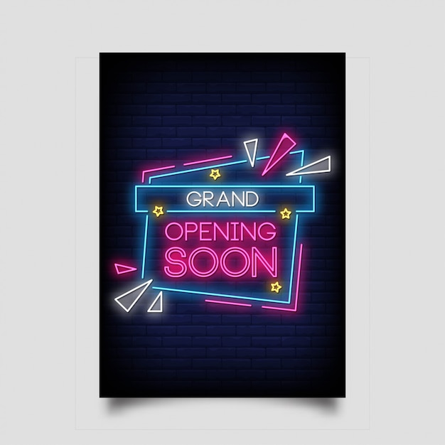 Vector grand opening soon, in neon style. grand opening soon neon signs