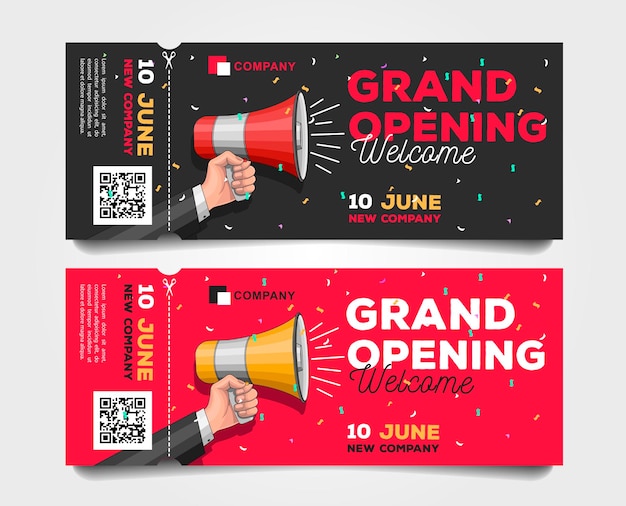 Vector grand opening tearoff flyer templates with megaphone illustration and discounts with bold typography