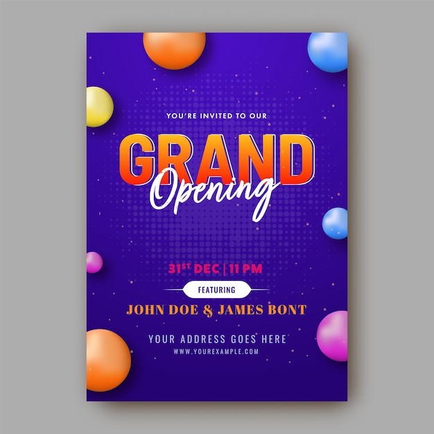 Vector grand opening template or flyer layout with 3d colorful balls and event details