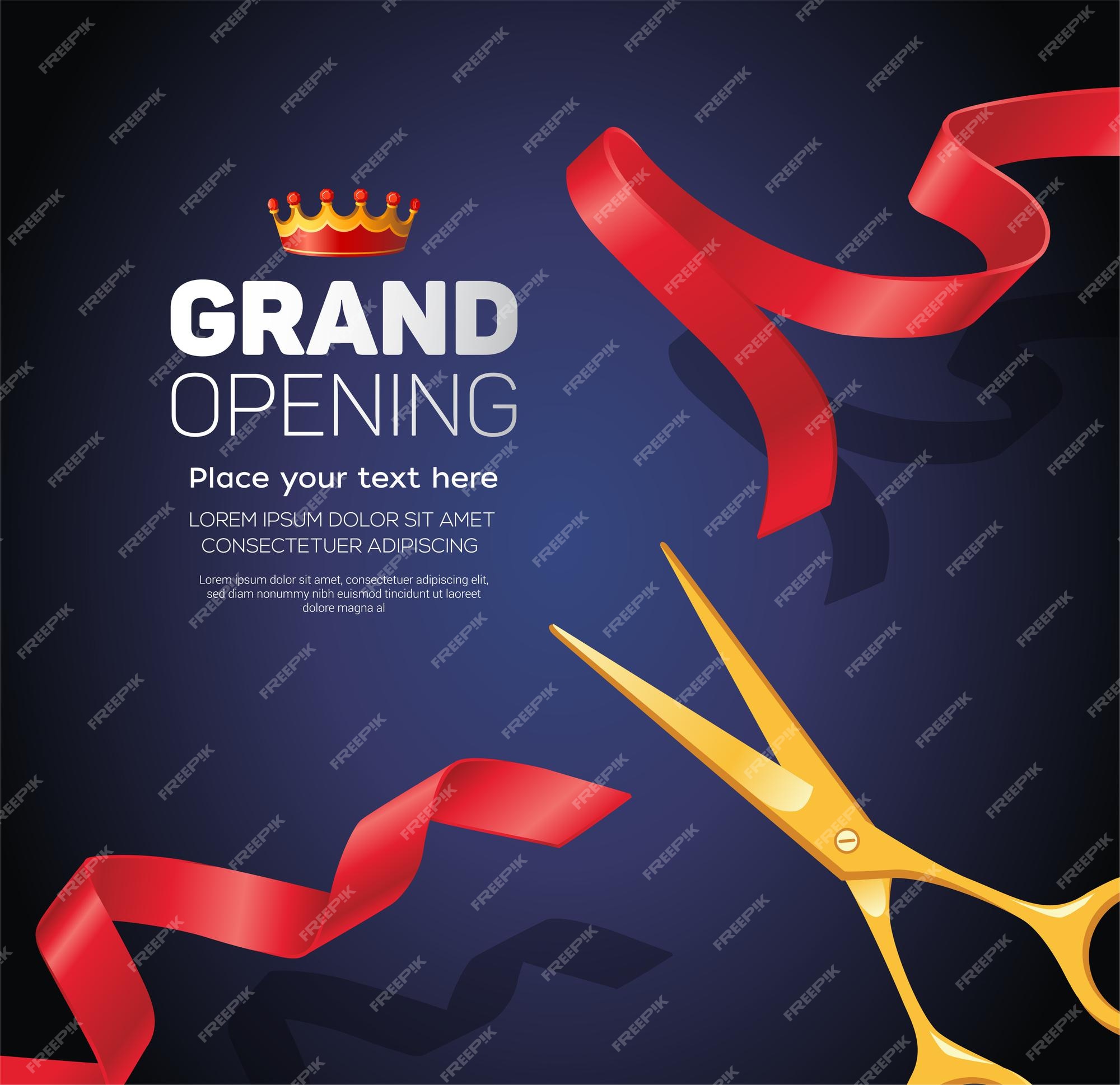 Grand Opening Banner With Cut Red Ribbon And Gold Scissors. Vector