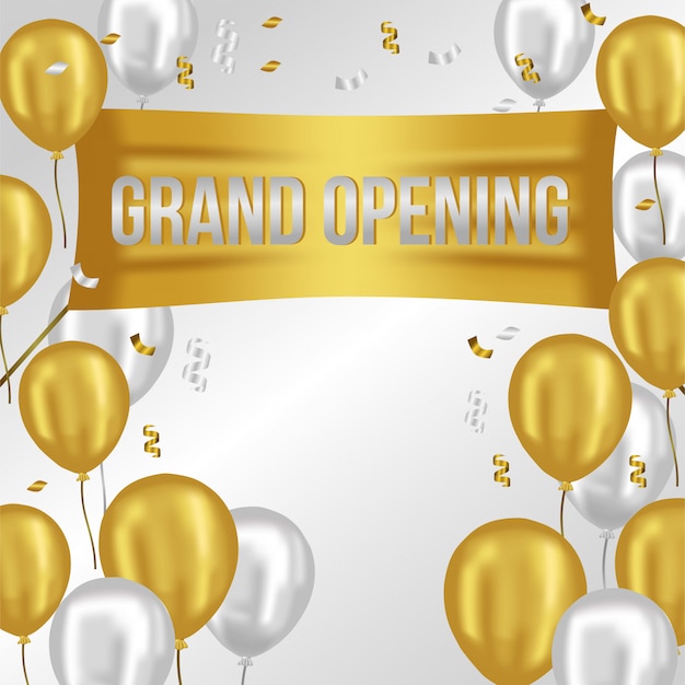 Vector grand opening template with gold and silver balloons