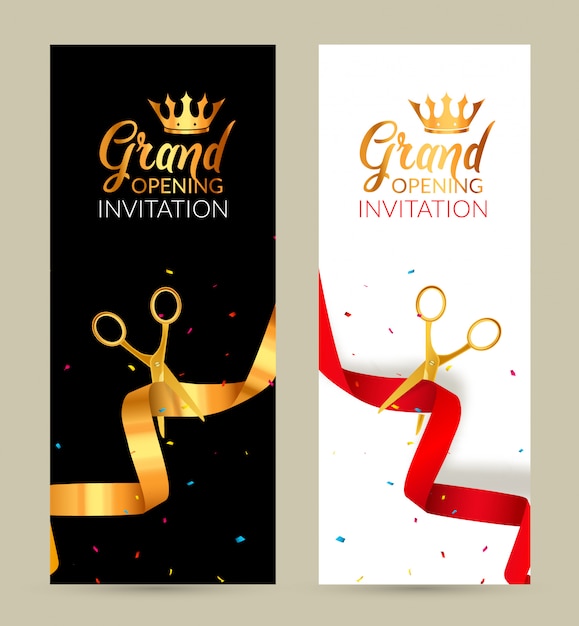 Vector grand opening uitnodiging banner. gouden lint en rood lint knippen ceremonie evenement. feestelijke opening feestkaart