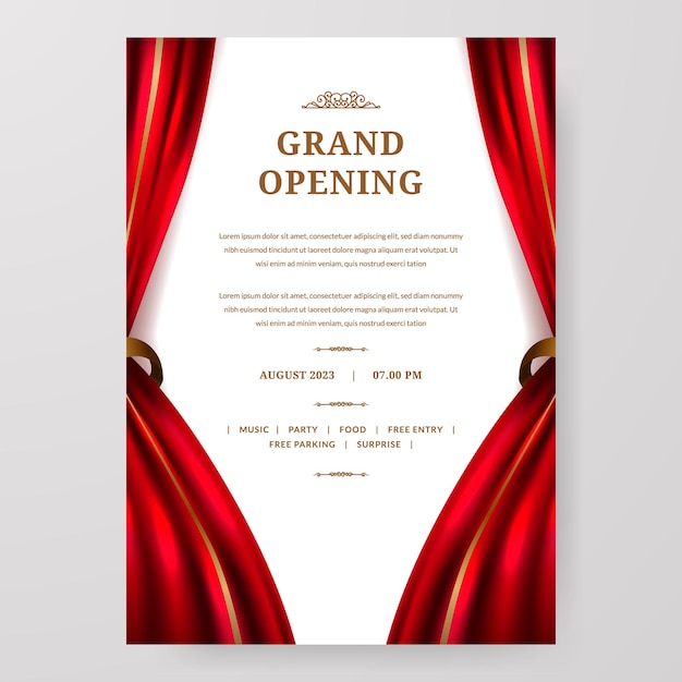 Vector grand opening with red curtain and golden ornament decoration poster announcement party stage theatre with white background