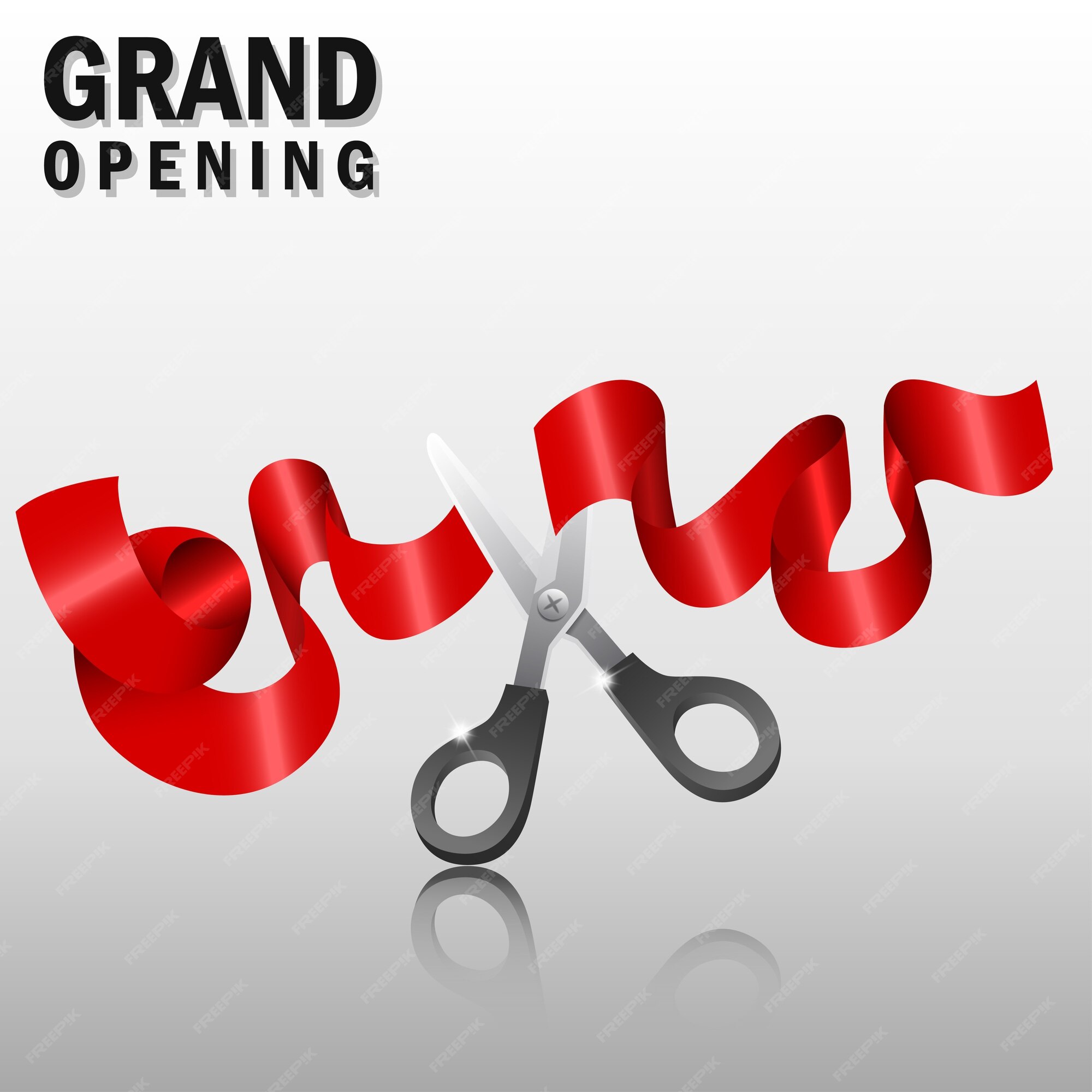 Grand Opening Text Vector Red Ribbon Scissors Design, Grand