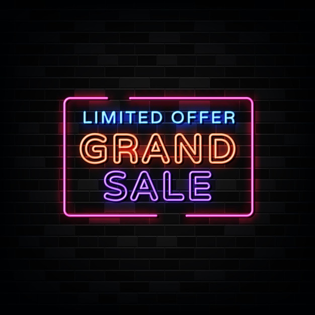 Неоновые вывески grand sale. шаблон оформления неоновая вывеска