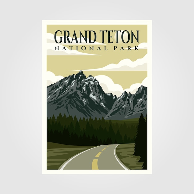 ベクトル グランドティトン国立公園のビンテージポスターイラストデザイン、旅行ポスターデザイン