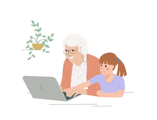 Granddaughter with granny using laptop social media network online communication concept