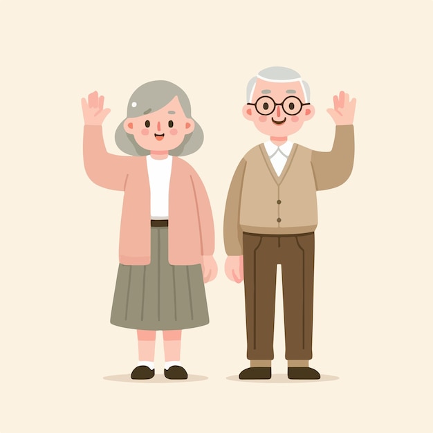 ベクトル 祖父と祖母はシンプルなフラットデザインスタイルで挨をしています