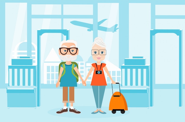 祖父と祖母のパックサック旅行。ナップザックと一緒に旅行。空港のインテリアのイラスト。旅行のコンセプトです。