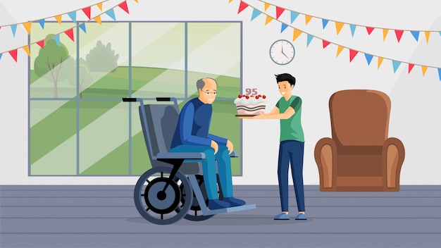 Дедушка празднование дня рождения плоский баннер. счастливый старец в инвалидной коляске и мальчик держит торт героев мультфильмов. внук поздравляет дедушку с юбилеем, заботится о пожилых