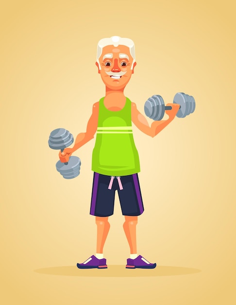 Grandfather character doing exercise flat cartoon illustration