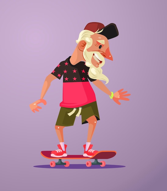 Grandfather character ride skater flat cartoon illustration