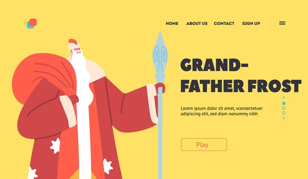 Grandfather Frost Landing Page Template Ded Moroz or Santa Claus New Year Character in Red Traditional Russian Costume