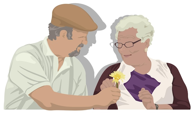 Дедушка дарит бабушке цветок пожилая пара