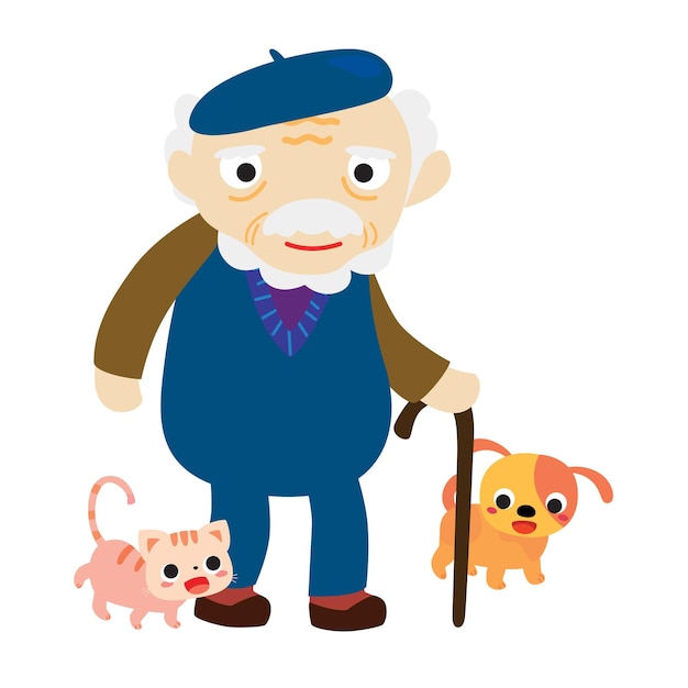 Vector grandfather go moving on cat and dog