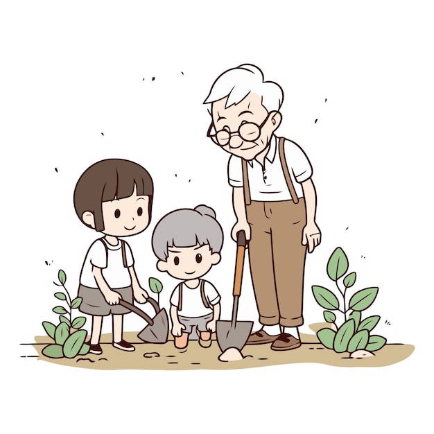 Дедушка и внуки работают в саду на белом фоне