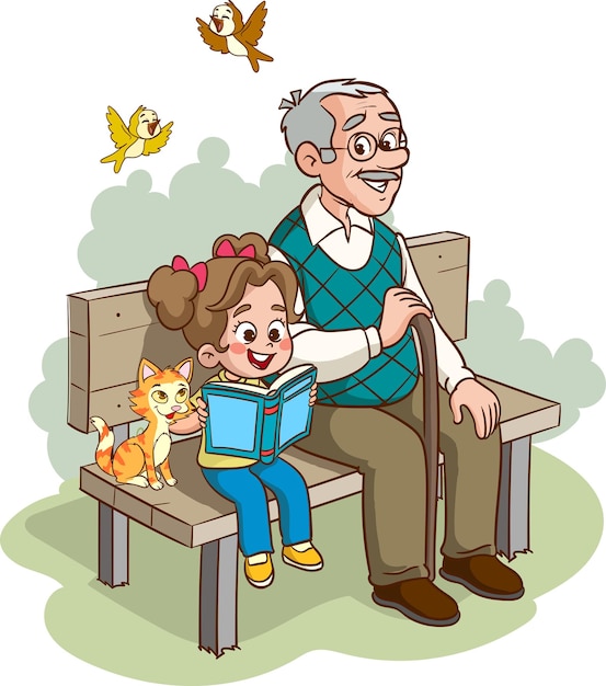 Grandfather and granddaughter reading a book on a bench.