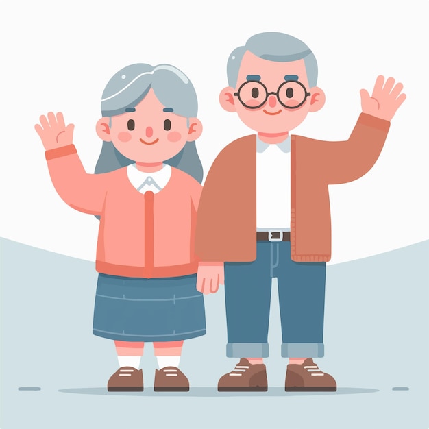 Grandfather and grandmother are expressing hello Simple flat design style