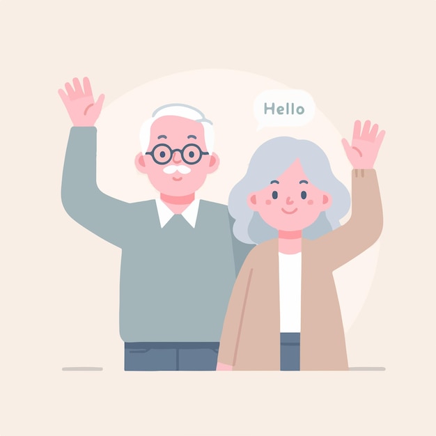 Vector grandfather and grandmother are expressing hello simple flat design style