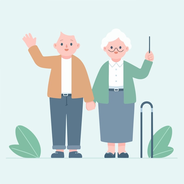 Vector grandfather and grandmother are expressing hello simple flat design style