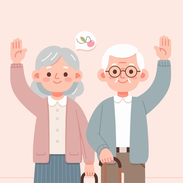 Vector grandfather and grandmother are expressing hello simple flat design style