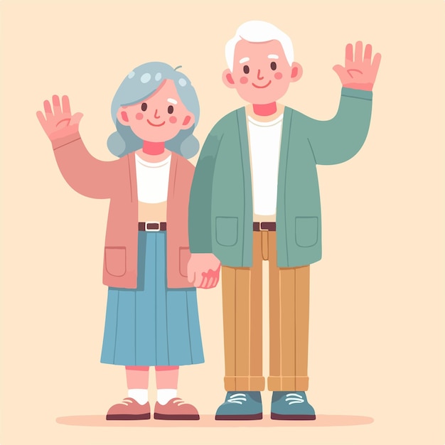 Vector grandfather and grandmother are expressing hello simple flat design style