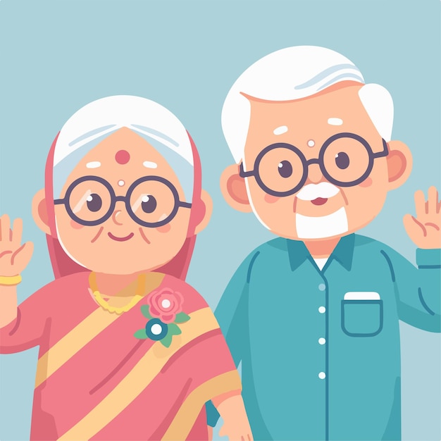 Vector grandfather and grandmother are expressing hello simple flat design style