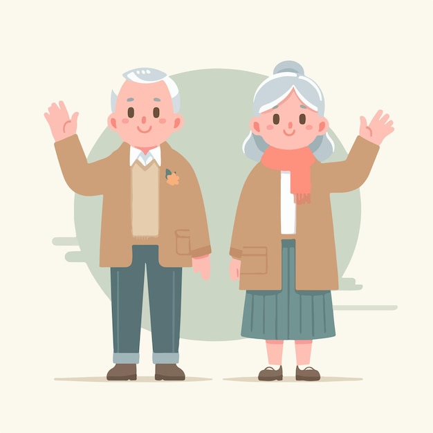 Vector grandfather and grandmother are expressing hello simple flat design style