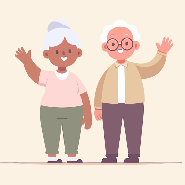 Дедушка и бабушка приветствуют в простом плоском стиле.