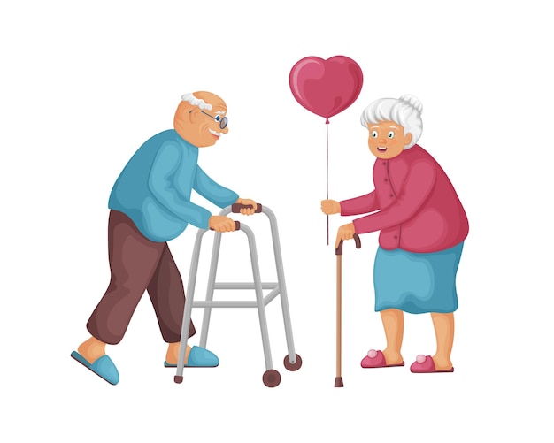 Grandfather and grandmother in cartoon style cute grandma gives grandpa a balloon in the shape of a