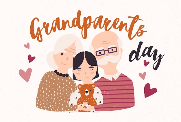 Vector grandfather and grandmother cuddling with grandchild. embracing granddad, grandma and granddaughter.