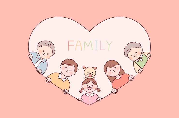 Vector 祖父祖母お父さんお母さん娘と犬のハートフレームの後ろで彼らの顔で笑っている