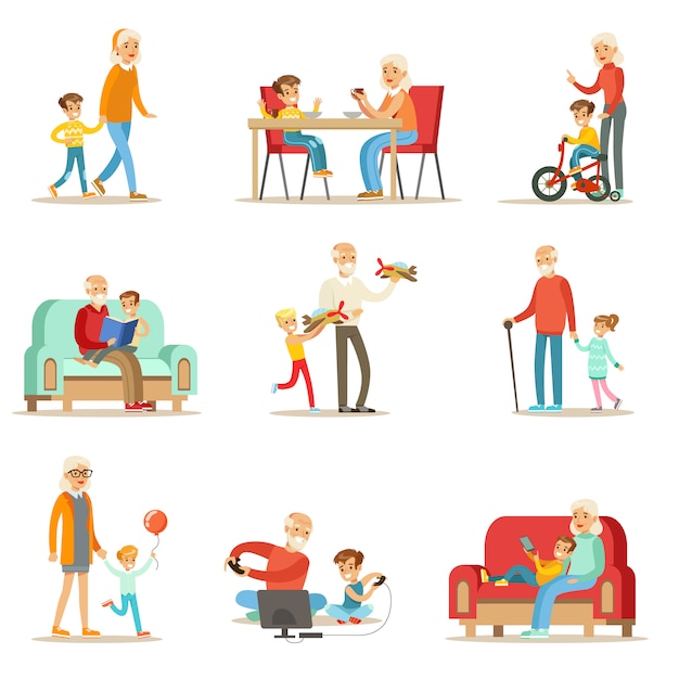 Vector grandfather and grandmother spending time playing with grandchildren, small boys and girls with their grandparents set of collection