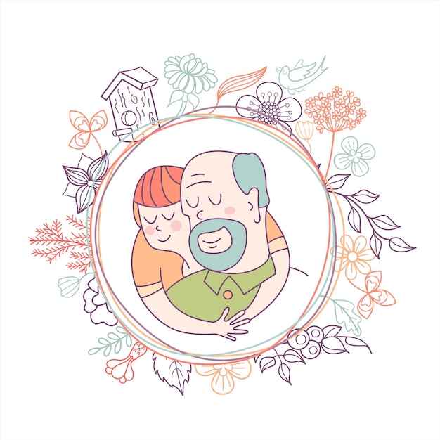 Grandfather and grandson in a flower frame.