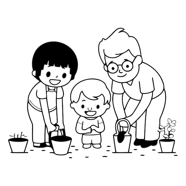 Vector grandfather and grandson planting seedlings in the gardenvector illustration