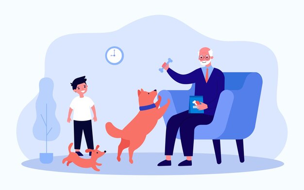 Grandfather and grandson playing with dogs in living room. flat vector illustration. boy, puppy, grandpa sitting in armchair, feeding dog. family, pet, training, childhood concept for banner design