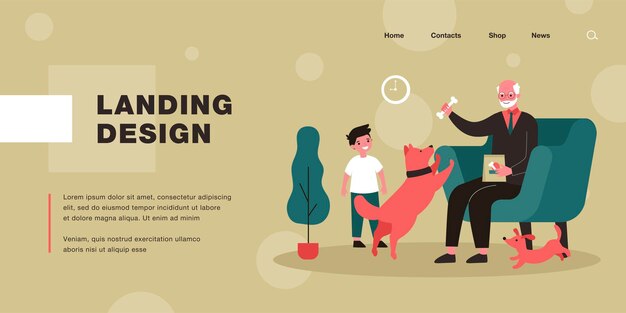 Grandfather and grandson playing with dogs in living room. Flat vector illustration. Boy, puppy, grandpa sitting in armchair, feeding dog. Family, pet, training, childhood concept for banner design