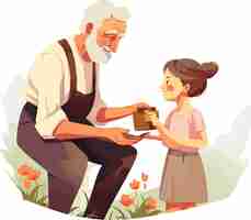 Vector grandfather and his granddaughter helping him at the garden vector illustration isolated