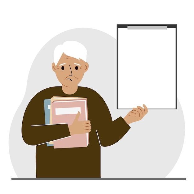 A grandfather holds a stack of books in one hand a clipboard in the other space for text Knowledge education teaching personal improvement reading list