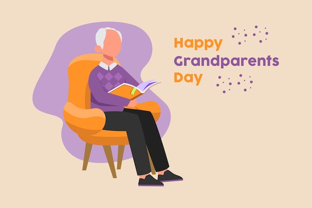 Grandfather is reading a book in hand on the chair Grandparents day Colored flat vector illustration isolated