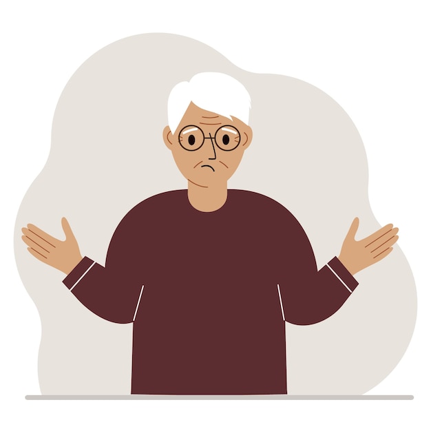 Grandfather is sad and upset. Hands are spread out in different directions. Vector flat illustration