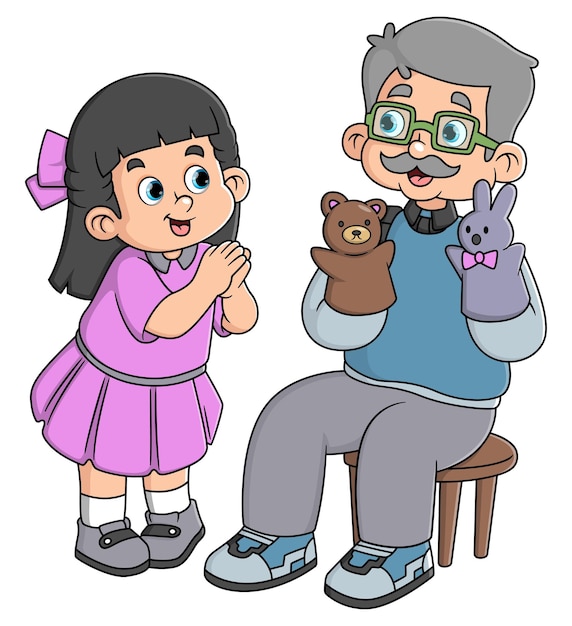 A grandfather laughing happily with his granddaughter was storytelling using hand puppets