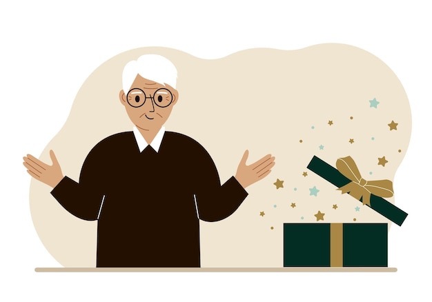 A grandfather next to an open gift The concept of a holiday surprise promotion discount