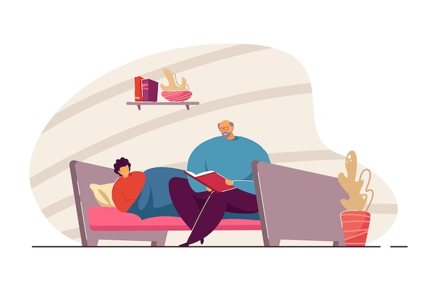 Grandfather reading bedtime story to grandson. Old man sitting on bed with book, child listening to fairytale vector illustration. Bedtime, family concept for banner, website design or landing page