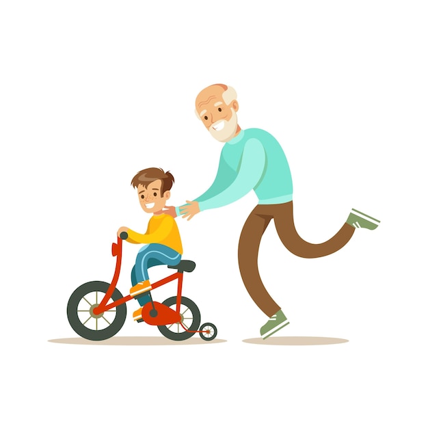 Grandfather Running Behind Grandson Bicycle Happy Family Having Good Time Together Illustration