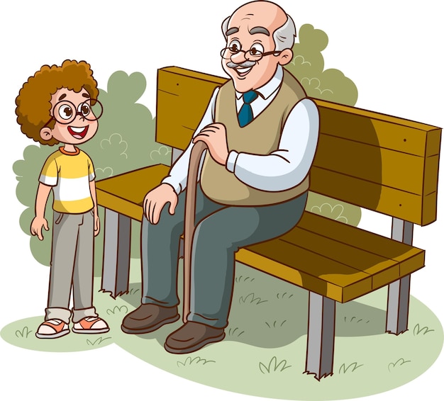 Vettore nonno seduto sulla panchina e nipote cartone animato vettore