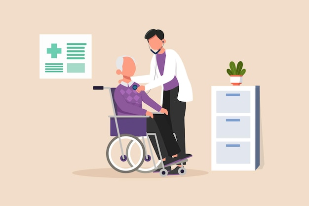 Grandfather with wheelchair checking by male doctor Doctor and patient concept Vector illustration