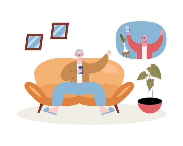 Grandfathers using smartphones in video calling in the livingroom  illustration 