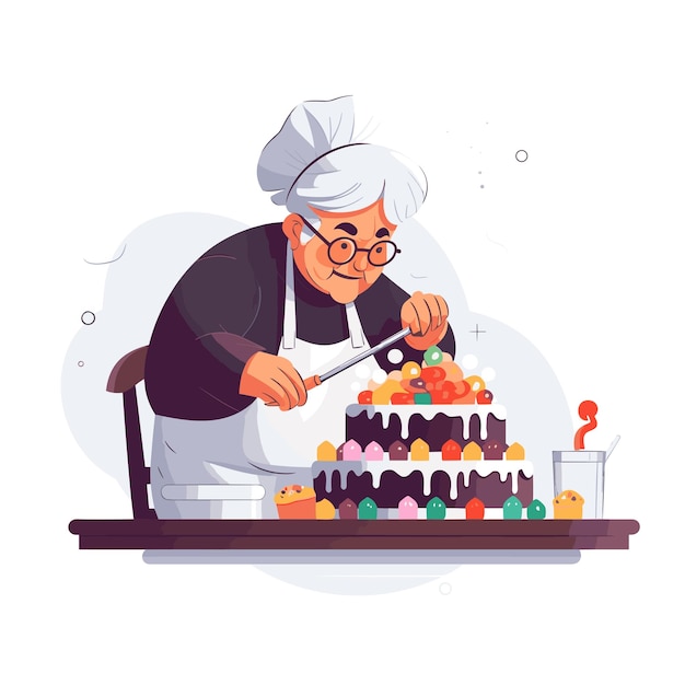 Vector grandma carefully decorating the cake vector illustration